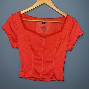 coral/orange sweetheart neckline lace top